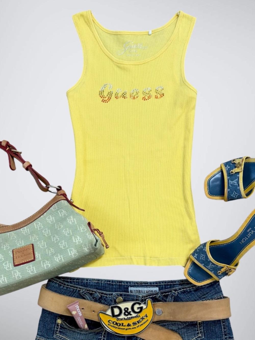 Guess Yellow Rhinestoned Ribbed Tank Top